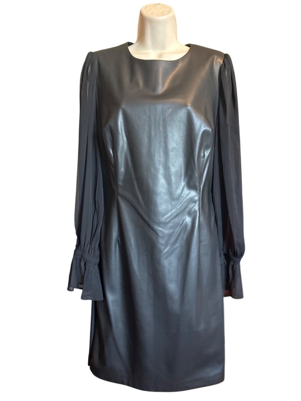 Calvin Klein Faux Leather Dress Size 12 NWT Black Sheer Sleeve Sheath Edgy Chic